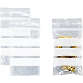 Druckverschlussbeutel, Polyethylen, 40 × 60 mm, 50 µm, 50% Regeneratanteil, 3 Beschriftungsfelder, transparent, 1000 Stk.