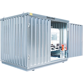 Gefahrstoffcontainer Säbu SAFE TANK 1000 KTC, für 2 x 1000 l IBC, passive Lagerung, mit Lüftungskiemen, Auffangwanne & Gitterrost, B 3050 × T 2170 × H 2310 mm