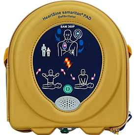 HeartSine SAM360P Defibrillator, AED, für den Innenbereich, mit automatischer Schockauslösung, mit Alarm, 4 Jahre Allgefahren-Zusatzversicherung, im Acrylglaswandkasten