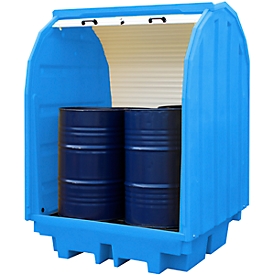 Jalousie-Gefahrstoffdepot für 4 x 205 l Fässer, 410 l Volumen, abschließbar, beidseitig unterfahrbar, PE, blau