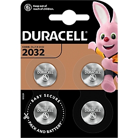 Knopfzellen Duracell CR2032, Lithium, 3 V, 170 mAh, Ø 20 x H 2,5 mm, 4 Stück