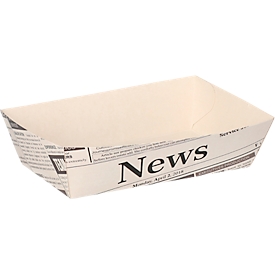 Pommesbox Papstar Newsprint, mittel, L 135 x B 90 x H 35 mm, fettdicht, FSC®-Frischfaserkarton, grau-schwarz, 50 Stück