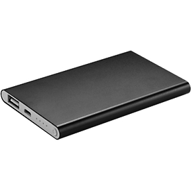 Powerbank, 4.000 mAh, USB + Micro-USB, Aluminium, extra flach, schwarz, inkl. einfarbige Werbeanbringung