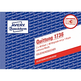 Quittung Avery Zweckform 1736, inkl. MwSt., A6 Querformat, 1 Block mit 2 x 40 Blatt, FSC®-Papier, weiß/gelb