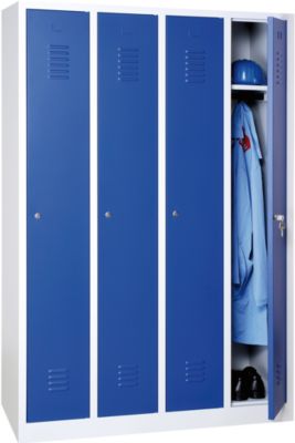 Kleiderspind, 4 Türen, B 1170 x H 1800 mm, Zylinderschloss, lichtgrau/enzianblau