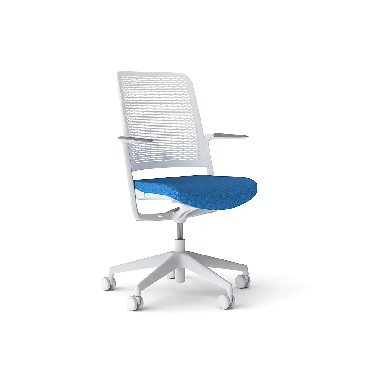 Bürostuhl WithMe, mit Armlehnen, Auto-Synchronmechanik, Flachsitz, perforierter Kunststoffrücken, abnehmbarer Sitzbezug, hellgrau/hellblau