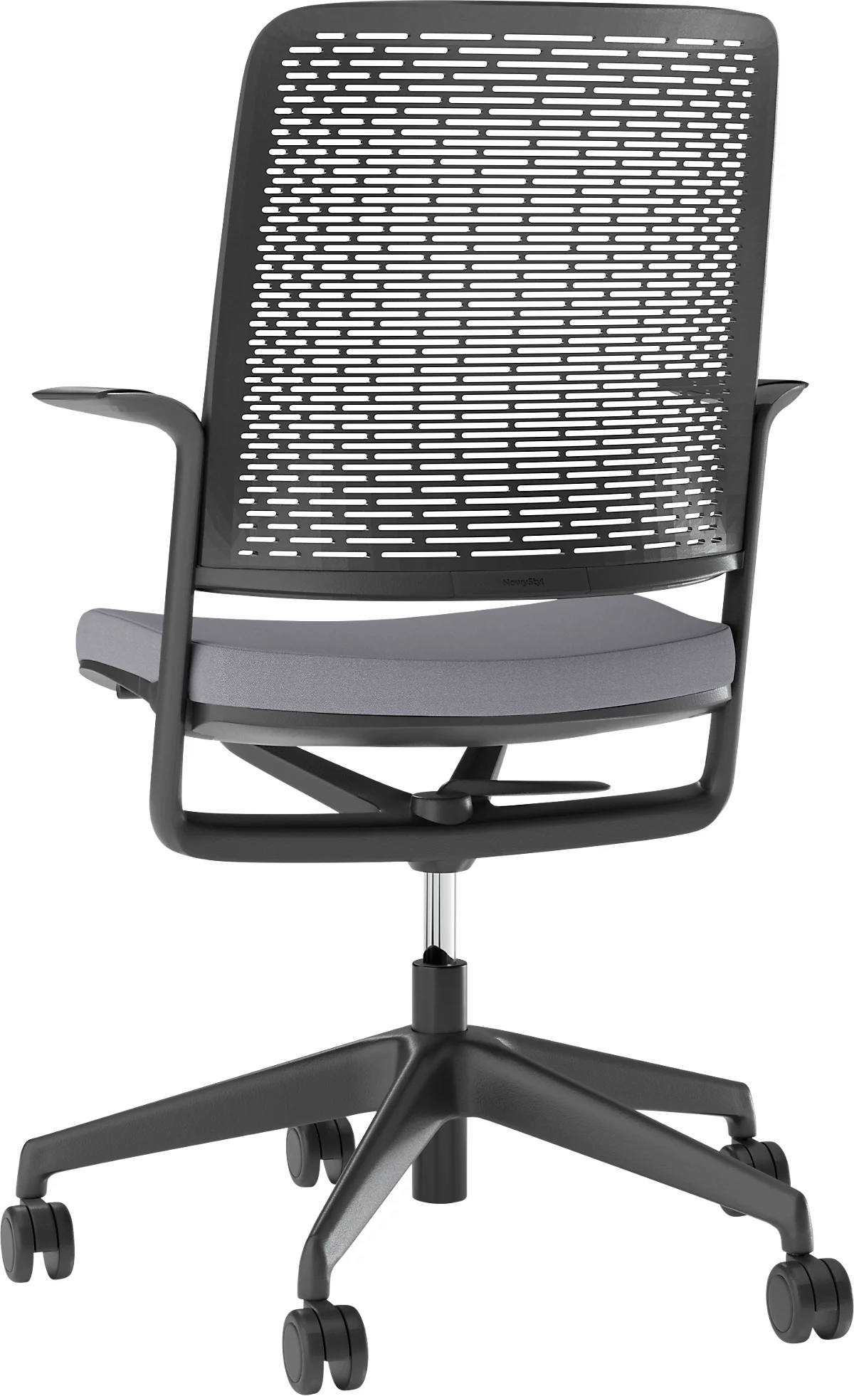 Bürostuhl WithMe, mit Armlehnen, Auto-Synchronmechanik, Flachsitz, perforierter Kunststoffrücken, abnehmbarer Sitzbezug, schwarz/grau