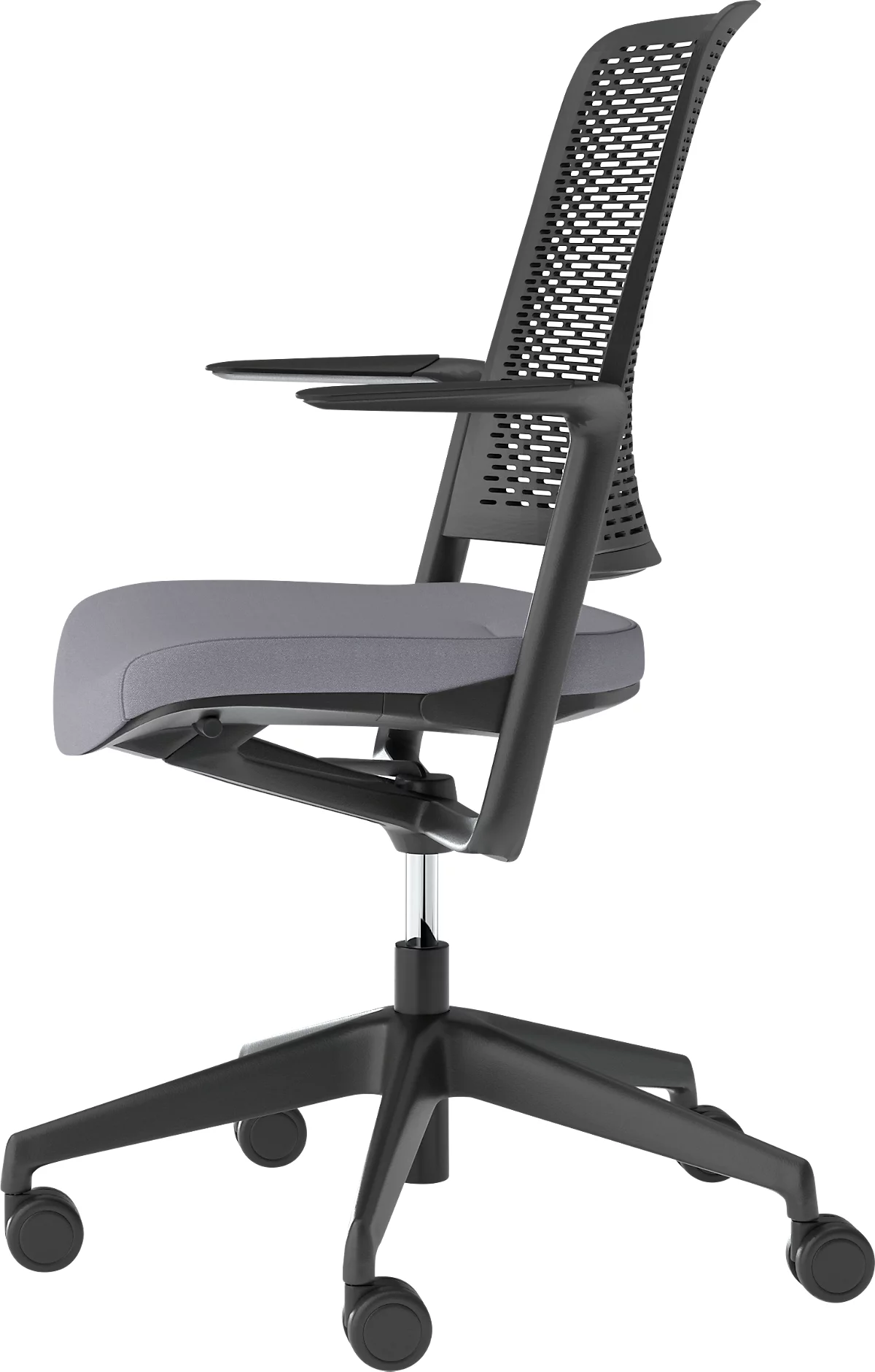 Bürostuhl WithMe, mit Armlehnen, Auto-Synchronmechanik, Flachsitz, perforierter Kunststoffrücken, abnehmbarer Sitzbezug, schwarz/grau