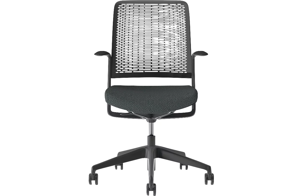 Bürostuhl WithMe, mit Armlehnen, Auto-Synchronmechanik, Flachsitz, perforierter Kunststoffrücken, abnehmbarer Sitzbezug, schwarz