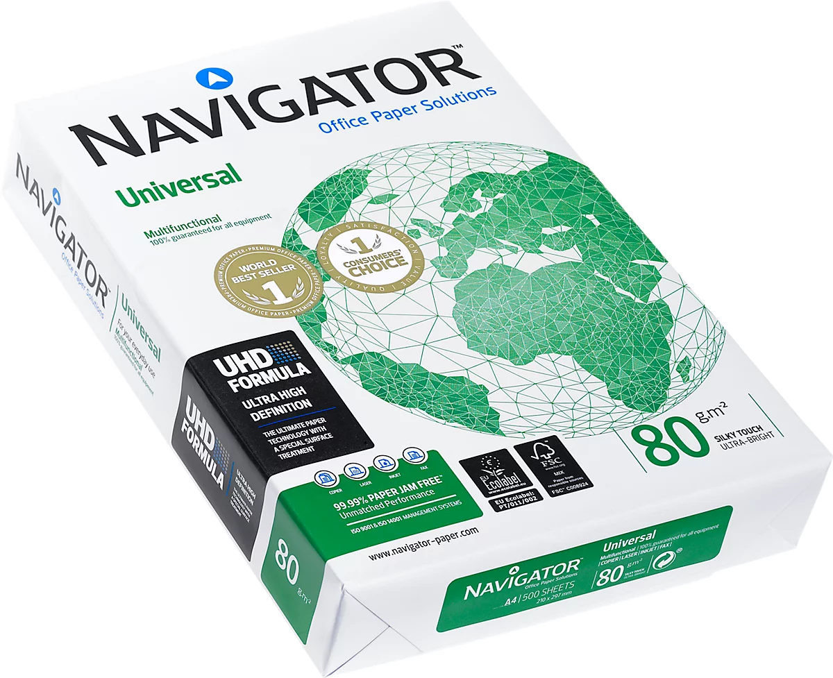 Kopierpapier Navigator Universal, DIN A4, 80 g/m², hochweiß, 1 Karton = 10 x 500 Blatt